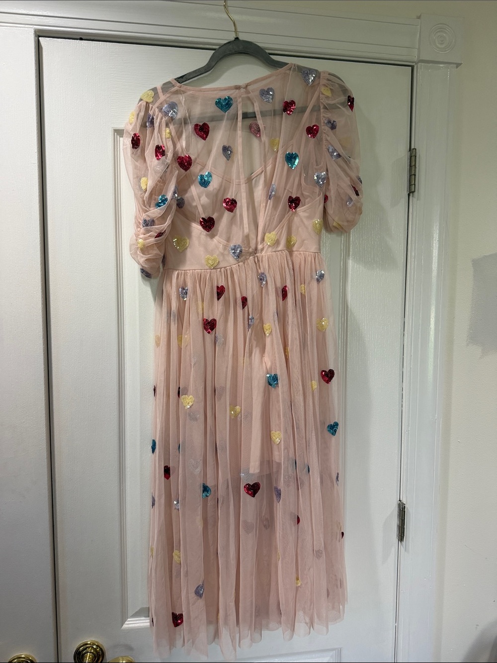 Pink Tulle Dress with Multicolor Heart Embellishments - Picture 3 of 5